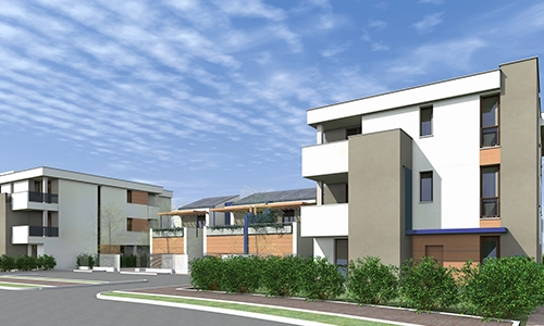 Rendering architettonico del complesso residenziale Lotto 4 Verde Sigonio in via Sigonio a Carpi di CMB Immobiliare