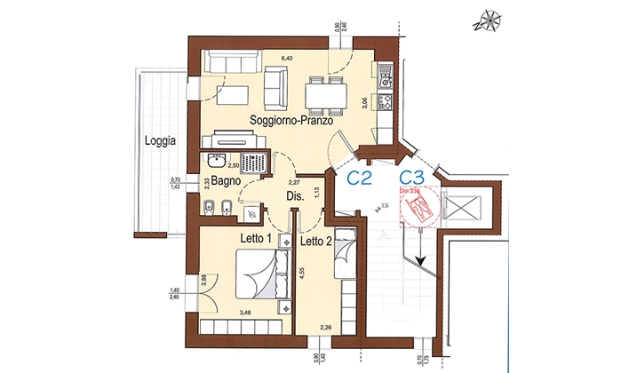 Planimetria appartamento una camera matrimoniale e una singola – Palazzina Verde Sigonio C, lotto 4 – CMB Immobiliare Carpi
