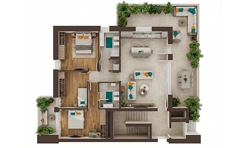 Planimetria attico quadrilocale delle nuove costruzioni EstenseLife di CMB Immobiliare a Modena Vaciglio: esterni di design moderno con finiture di pregio e aree verdi circostanti