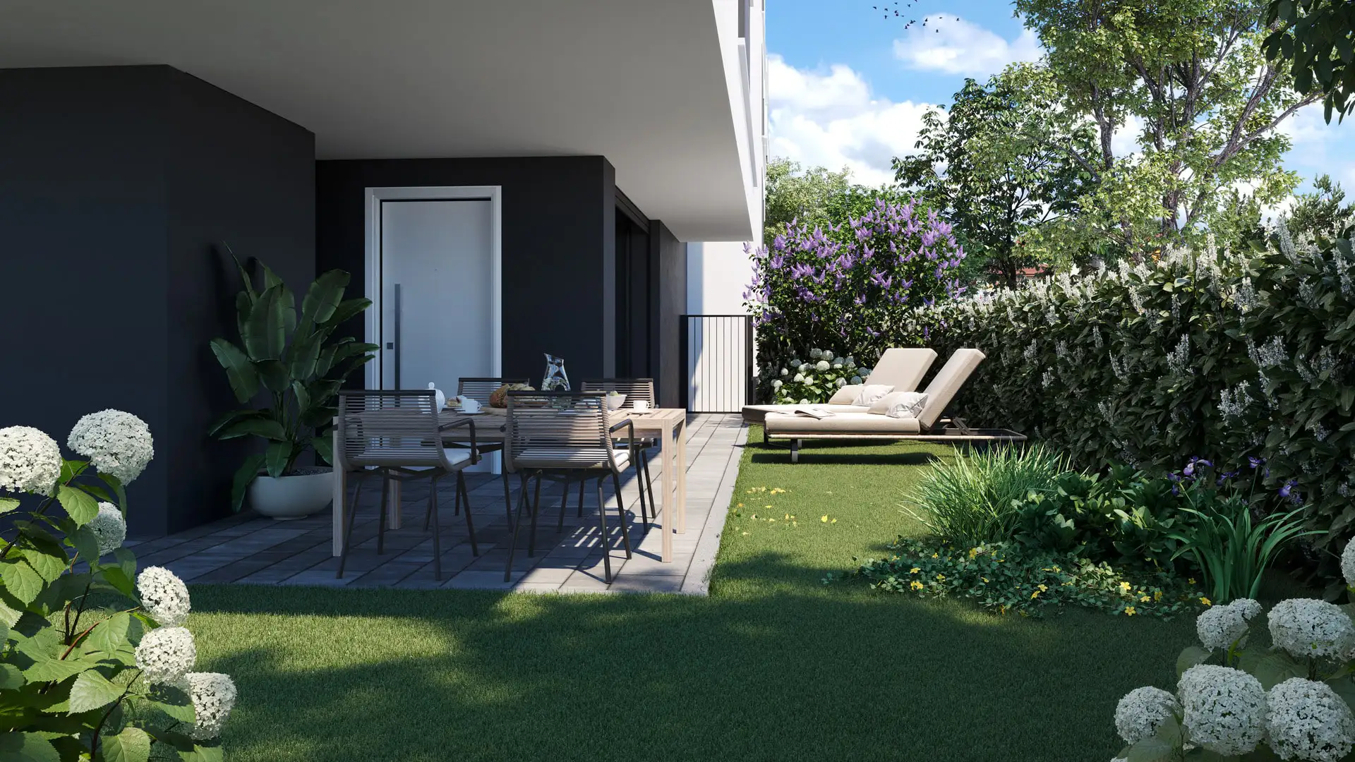 Nuove costruzioni EstenseLife di CMB Immobiliare a Modena Vaciglio: esterni di design moderno con finiture di pregio e aree verdi circostanti