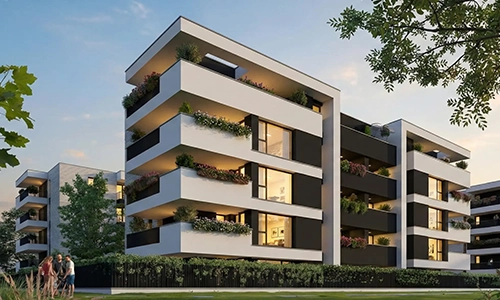 Nuove costruzioni EstenseLife di CMB Immobiliare a Modena Vaciglio: esterni di design moderno con finiture di pregio e aree verdi circostanti