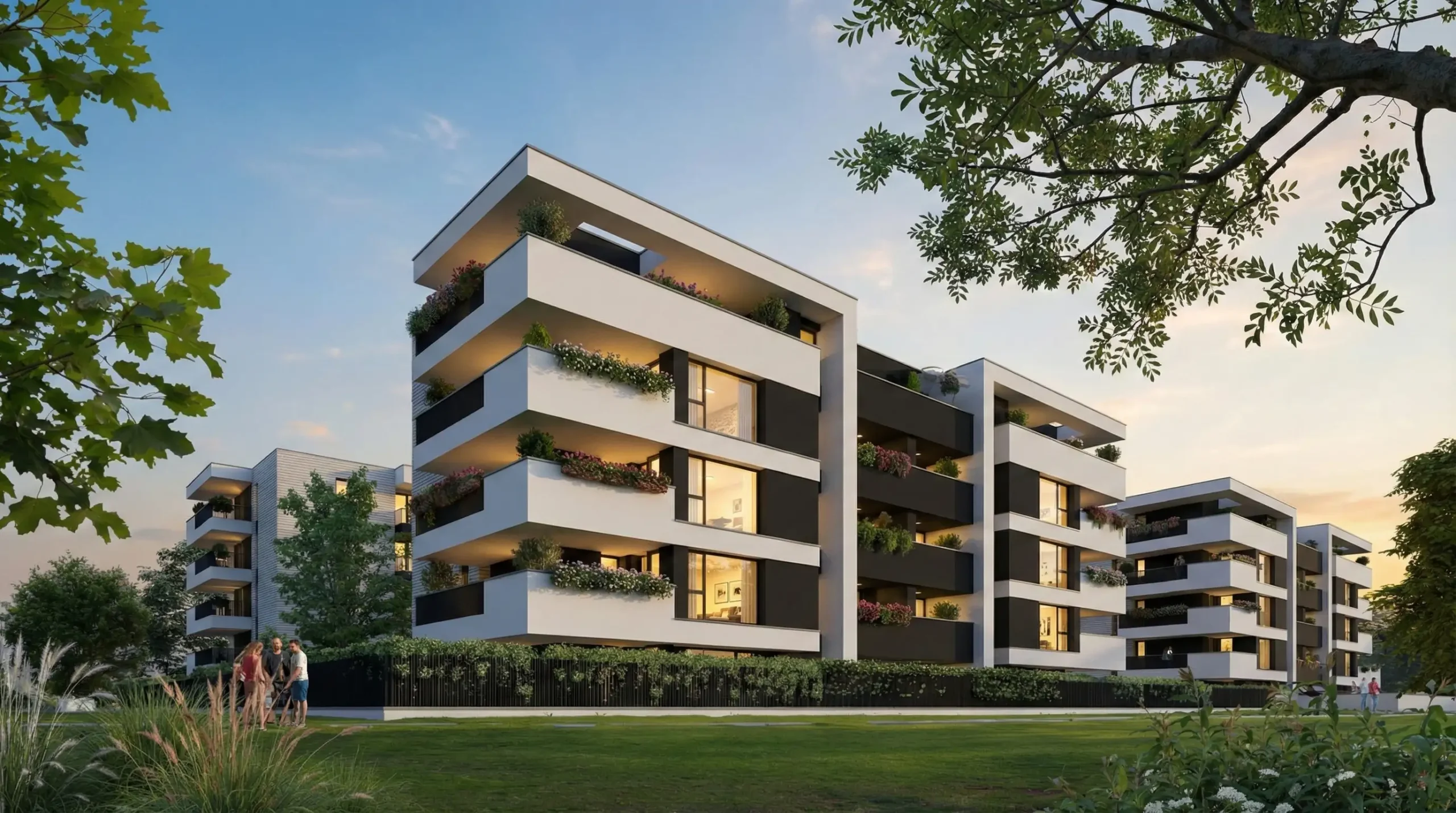 Nuove costruzioni Estense Life di CMB Immobiliare: esterni di design moderno con finiture di pregio e aree verdi circostanti