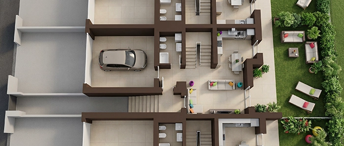 Planimetria 3D piano terra villa di testa con ampio giardino privato - Progetto Verde Sigonio Carpi