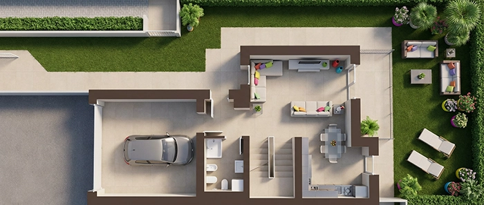 Planimetria 3D piano terra villa di testa con ampio giardino privato - Progetto Verde Sigonio Carpi
