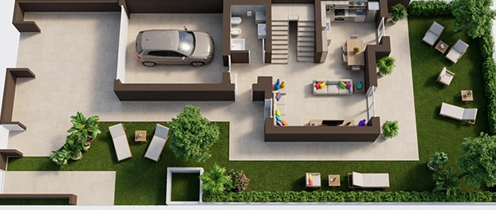 Rendering 3D zona giorno e garage villa laterale con giardino e portico - Verde Sigonio CMB Immobiliari Carpi
