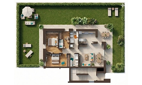 Planimetria 3D quadrilocale con giardino delle nuove costruzioni EstenseLife di CMB Immobiliare a Modena Vaciglio: esterni di design moderno con finiture di pregio e aree verdi circostanti