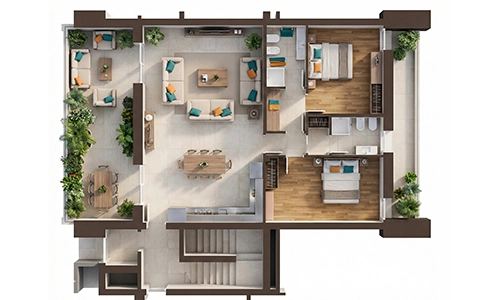 Planimetria attico trilocale con logge delle nuove costruzioni EstenseLife di CMB Immobiliare a Modena Vaciglio: esterni di design moderno con finiture di pregio e aree verdi circostanti