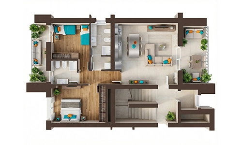 Planimetria trilocale con logge delle nuove costruzioni EstenseLife di CMB Immobiliare a Modena Vaciglio: esterni di design moderno con finiture di pregio e aree verdi circostanti