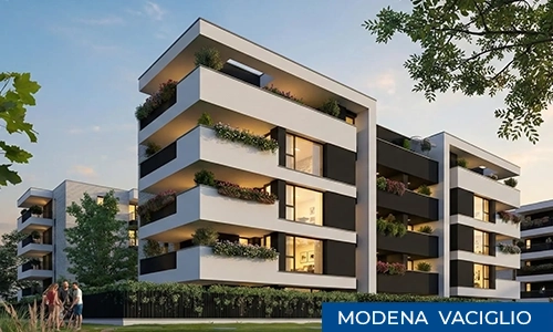 Nuove costruzioni EstenseLife di CMB Immobiliare a Modena Vaciglio: esterni di design moderno con finiture di pregio e aree verdi circostanti